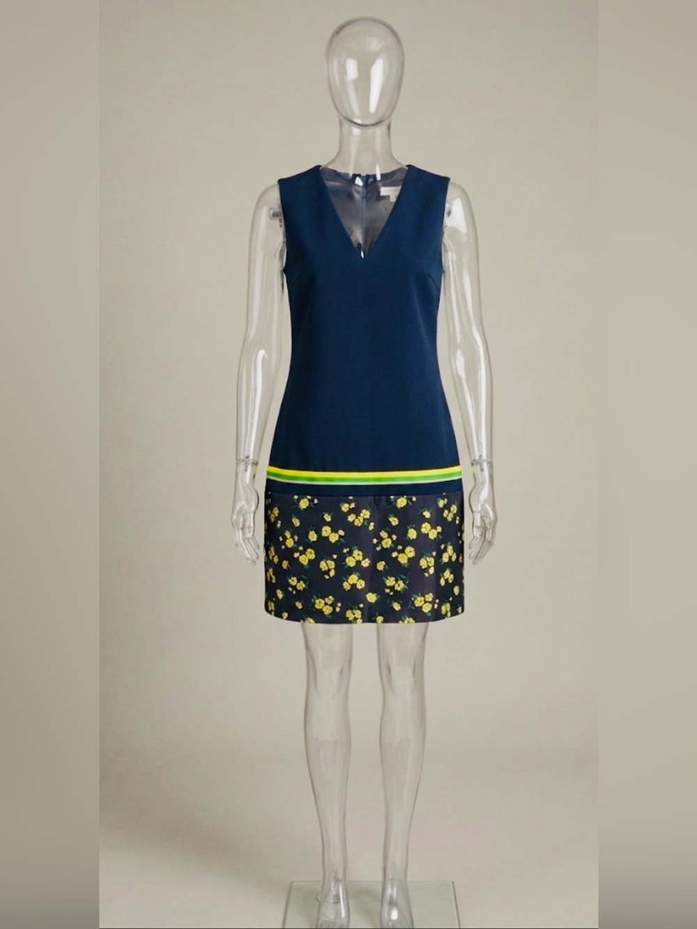 Hippocampe Paris Navy Blue Jacquard Mini Dress Size 40 (US 8 / M) Yellow Brocade